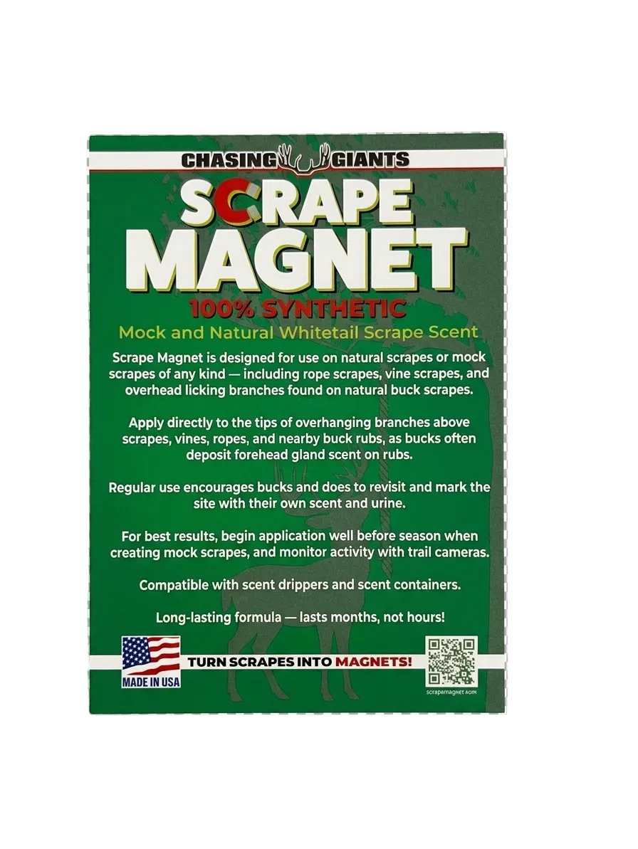 A green product card for a Chasing Giants Scrape Magnet, featuring white and red text, product details, and a 'Made in USA' banner, shown on a gray and white checkered background.