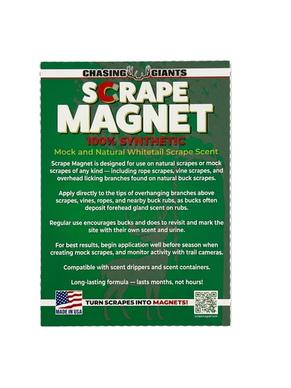A green product card for a Chasing Giants Scrape Magnet, featuring white and red text, product details, and a 'Made in USA' banner, shown on a gray and white checkered background.