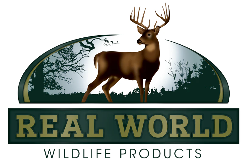 Logo of Real World Wildlife Products with a deer silhouette against a natural background.